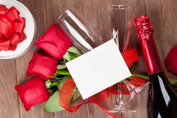 情人节卡片、 香槟和玫瑰 — 图库照片
