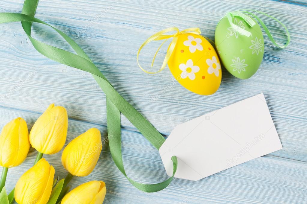 Easter eggs, tulips and blank tag