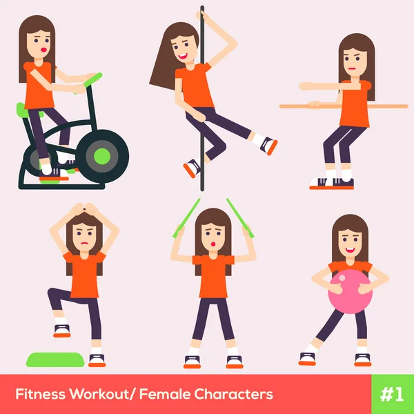 Conjunto de seis personajes femeninos fitness 1 — Vector de stock