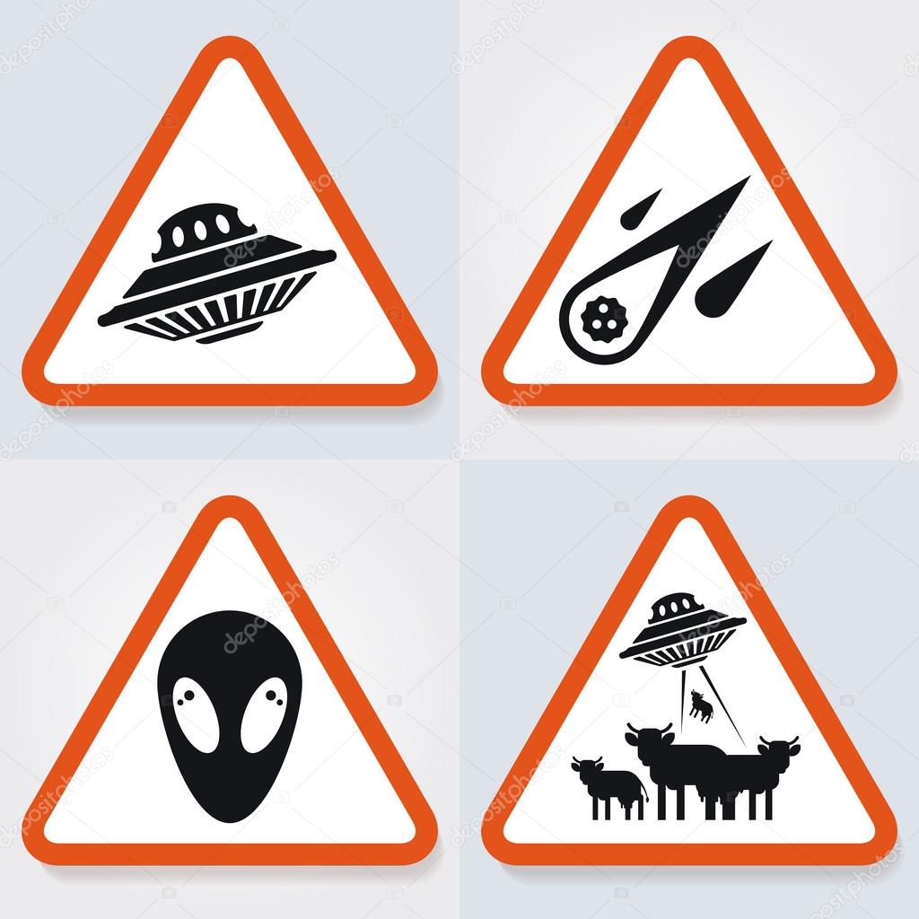 Set of warning plates with ufo objects, spaceship, comet, aliens. Good idea and concept for web illustrations. Vector, flat icons. Very easy to edit.