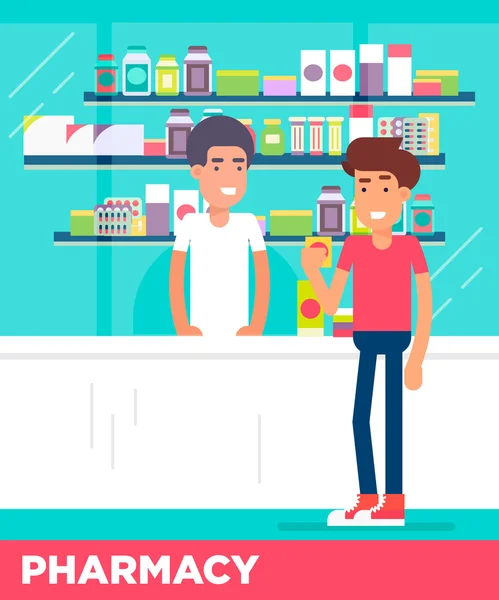Modern flat characters of two young men in the pharmacy store. — Stock Vector