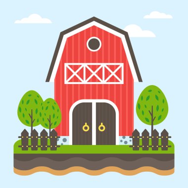 Çiftlik manzara. Tarım, ev, alan, ağaçlar, ahır. Vektör düz çizim