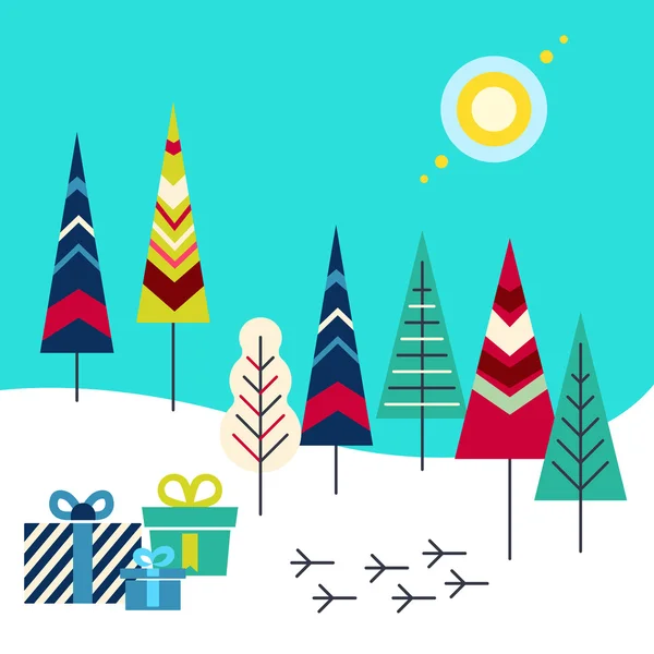 Nouvel An et cadeaux de cartes de voeux de Noël dans la forêt . — Image vectorielle