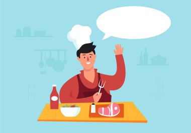 Modern düz tasarım vektör çizimi, yazı baloncuklu bir restoran mutfağında aşçı şefi. Restoran dağıtım web sayfası. 