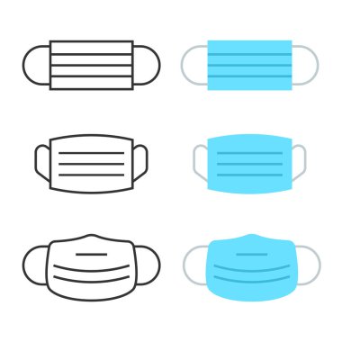 Tıbbi maske seti - şablon. Farklı açılardan koronavirüsü, enfeksiyonu ve kirli havayı korumak için. Vektör çizimi. Beyaz arkaplanda izole.