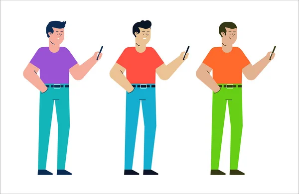 Drie Mannen Met Telefoons Modrn Concept Van Digitale Wereld Vlakke — Stockvector