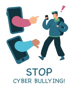 Kavram illüstrasyonuna sataşmayı bırak. Etrafı akıllı telefonlarla çevrili depresif okul çocuğu onu işaret ediyor. İnternette zorbalık yapmayı bırak. El çizimi vektör illüstrasyonu.
