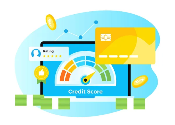 Ocena Kredytowa Płaski Projekt Wektor Ilustracji Komputer Kartą Kredytową Bankowość — Wektor stockowy