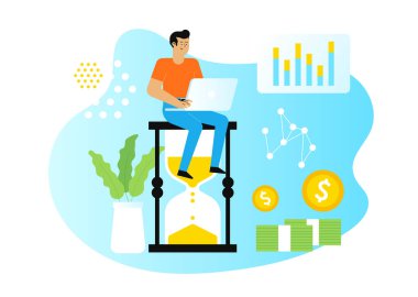 İş adamı, düz dizayn vektör çizimi. Adam bir zaman gözcüsünde oturuyor ve işini yapıyor. Çoklu görev. Grafikler ve para simgeleri. 