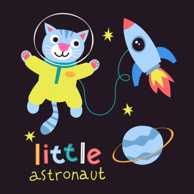 Astrokedili çocuk resimleri, uzay vektörlü kedi çocuk kitabı, poster, kartlar için çizilmiş karikatür.