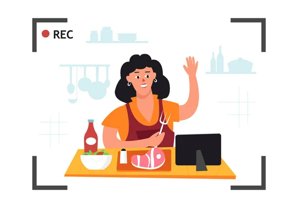 Kadın Aşçı Blogcu Şovunu Çevrimiçi Kanalda Kaydediyor Vlog Mesleği Çevrimiçi — Stok Vektör