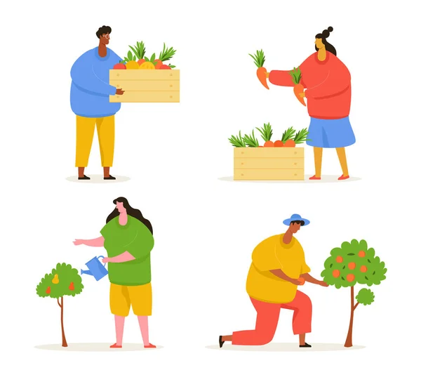 Делать Местные Фрукты Овощи Люди Работающие Саду Плоский Векторный Дизайн — стоковый вектор