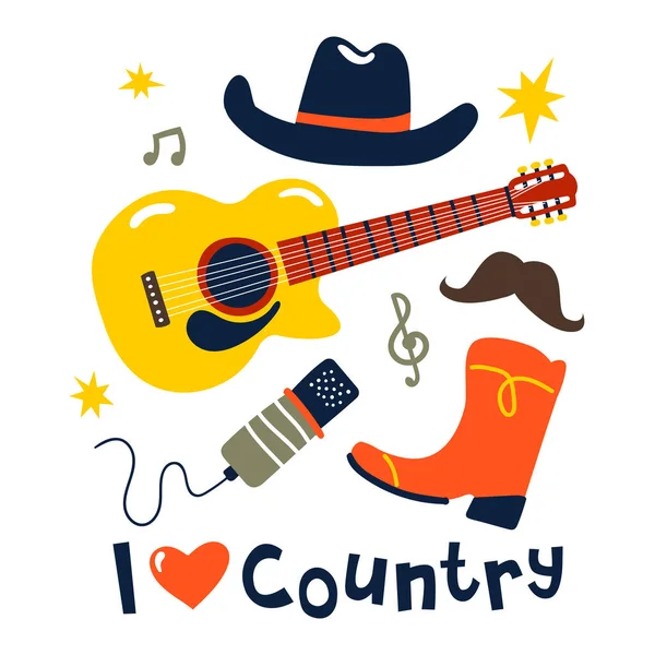 Country Musik Klotter Set Element För Webbdesign Bok Illustration Sociala — Stock vektor