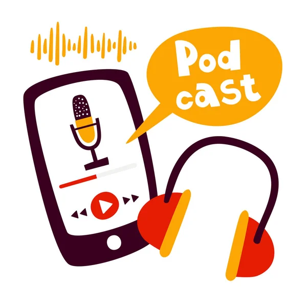 Tudo Conceito Telefone Ouvindo Podcast Aplicativo Móvel Fácil Usar Mídias — Vetor de Stock