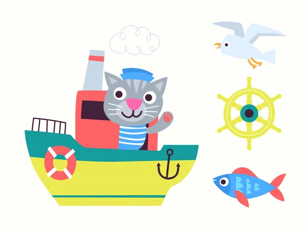 Illustrations Pour Enfants Avec Chat Mignon Sur Bateau Livres Pour — Image vectorielle