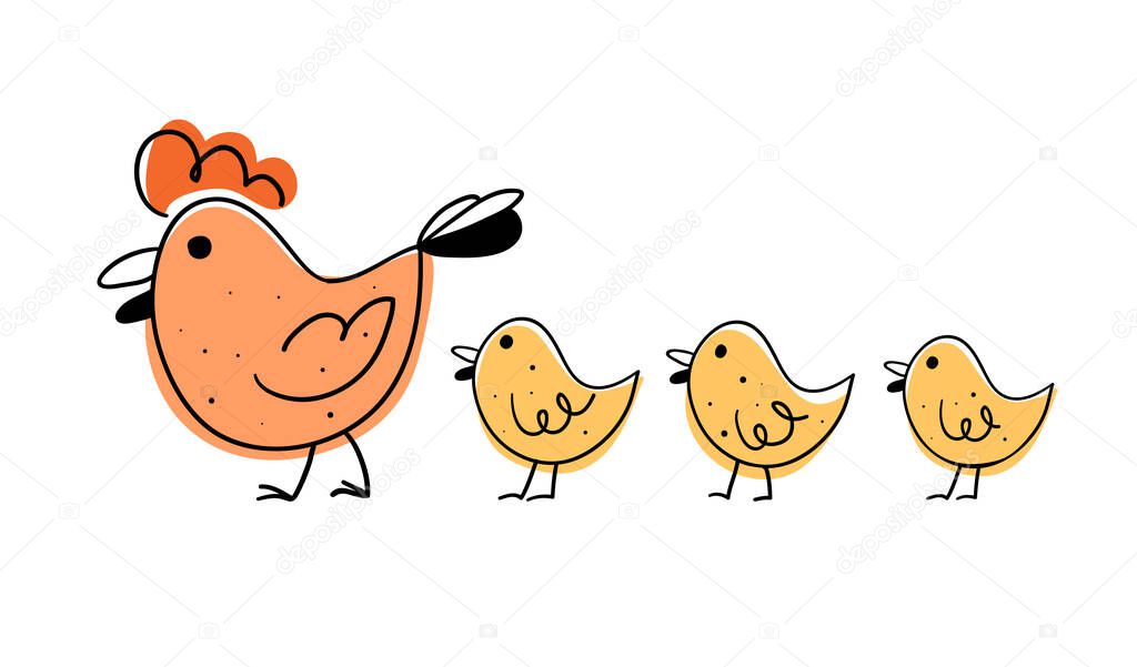 hen with several cute chickens doodle. Mother with the kids. Good illustration for the kids book, posters, cards, magazines. 