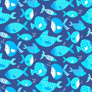 Seamless pattern of different kind sea blue fishes 
