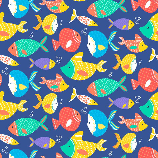 Seamless pattern of different kind sea multicolored fishes 