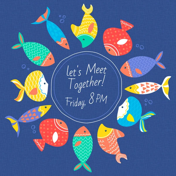 Tarjeta de invitación con peces marinos multicolores — Vector de stock