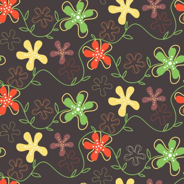 Seamless pattern of hand drawn summer flowers on a dark backgrou