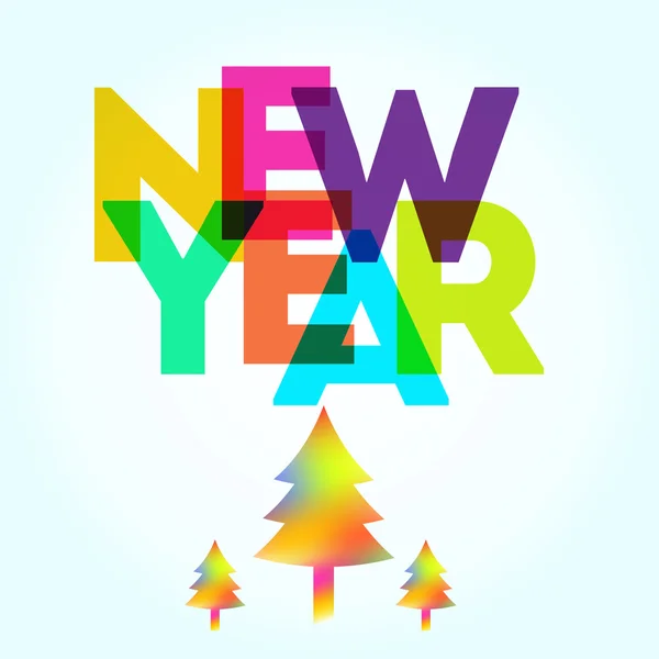 Nyårskort med olika färgade stora bokstäver och träd — Stock vektor