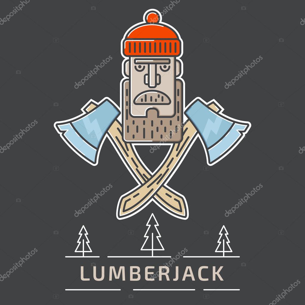 Lumberjack logo illustration with the lamber head and axes in the center and hipster text with trees in the bottom. Fully editable vector illustration. Perfect for last trend logotypes