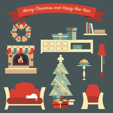Merry Christmas illüstrasyon barınak oturma odası ile