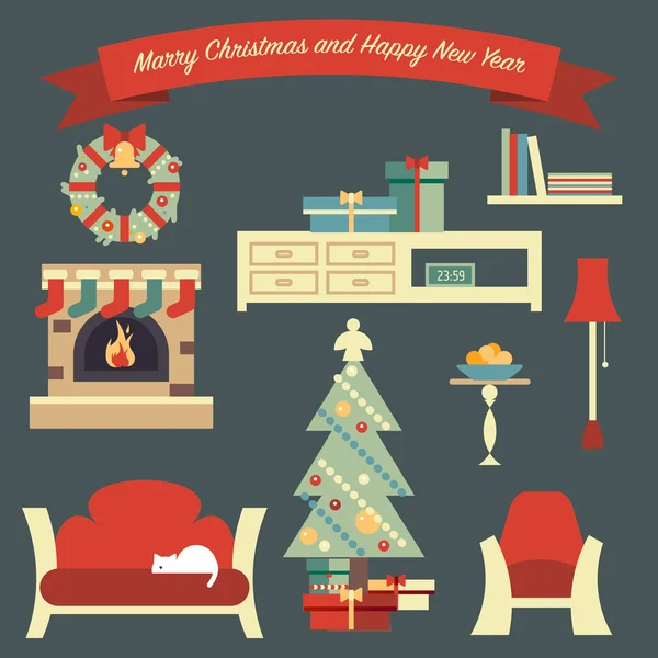 Feliz Natal ilustração com abrigo sala de estar —  Vetores de Stock