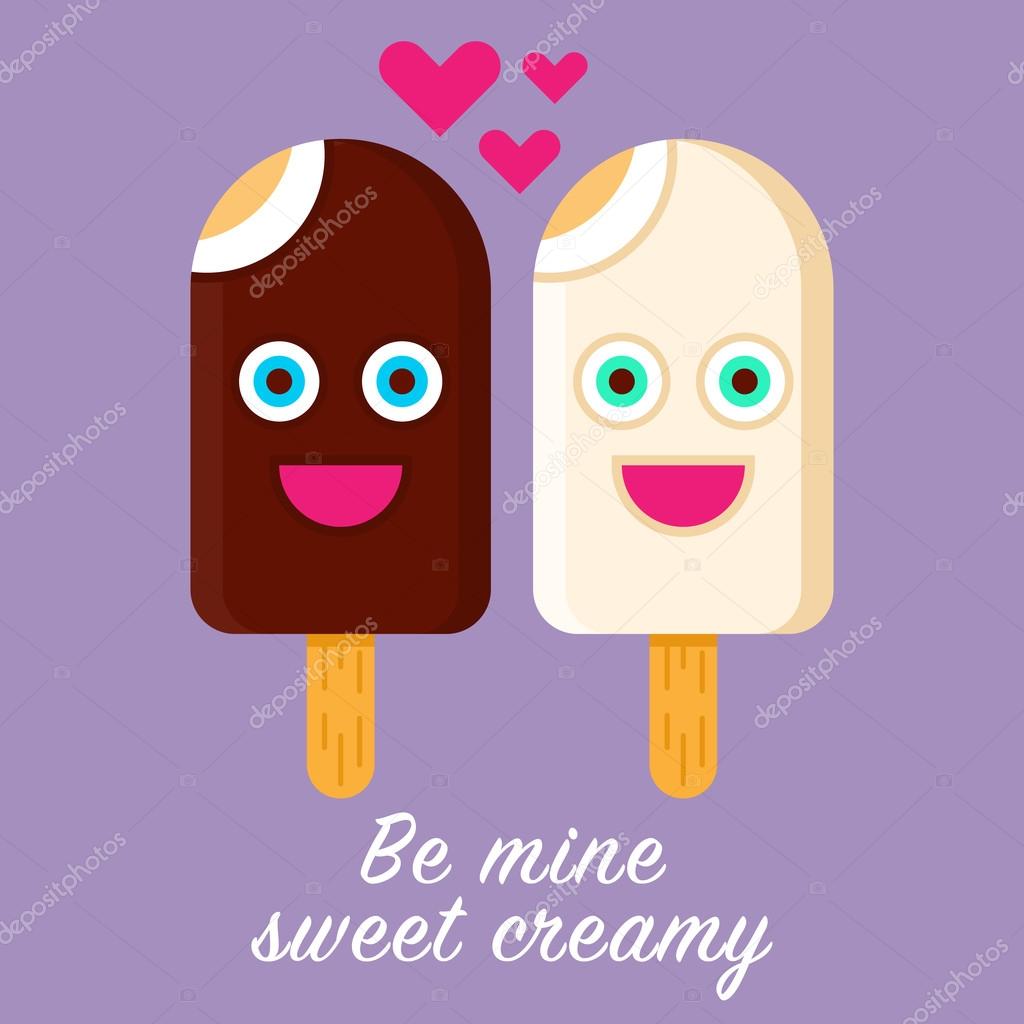 Two ice creams smiled cartoons in a dark and white chocolate presented on a violet background. Fully editable vector illustration. Perfect for saint valintines day confessions and invitation, cards and posters.