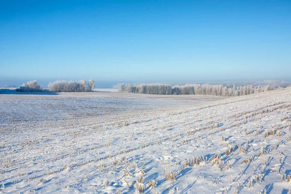 Winterlandschaft mit schneebedecktem Acker. — Stockfoto