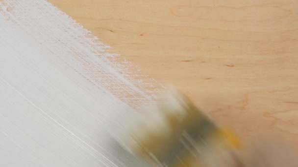 Mano de pintor con un pincel pintando superficie de madera con pintura blanca — Vídeo de stock