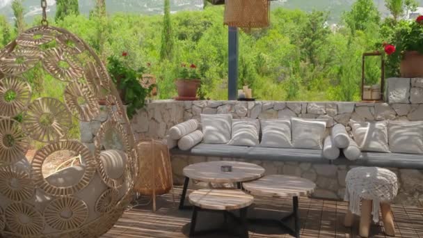 Boho cozy outdoor cafe interior design. — Stock Video