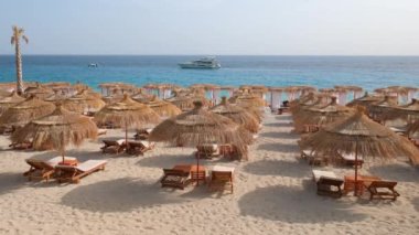 Şemsiyeleri ve güneşliği olan güzel bir sahil.