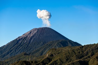 Ash cloud rising at Semeru Volcano Mountain