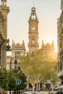 Valencia, Spain - April 8, 2024: Valencia City Hall at the Plaza del Ajuntament square at sunset