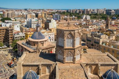 Cityscape of Valencia city, Spain. Top view of the roof of the Cathedral and the old town of Valencia, Spain, as seen from the Micalet, the belfry.