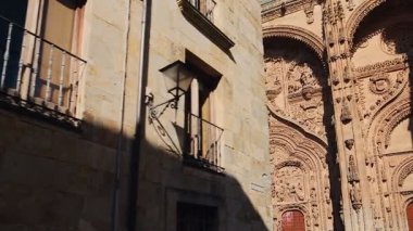 Kastilya ve Leon, İspanya 'daki Salamanca Katedrali' nin muhteşem tarihi cephesi. Salamanca şehrinin kalbindeki etkileyici Gotik bina. Yavaş çekim, sabit kamera görüntülerini ortaya çıkarıyor
