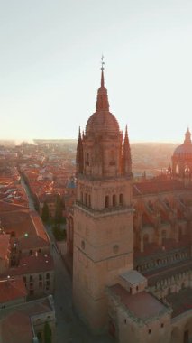 Gündoğumunda Salamanca 'nın tarihi şehir manzarası Castilla y Leon, İspanya. Ortaçağ şehri, Salamanca Katedrali, Torre del Clavero ve tarihi üniversite. UNESCO Dünya Mirası Alanı