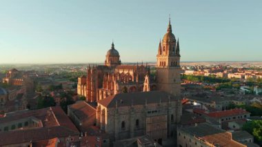 Gündoğumunda Salamanca 'nın tarihi şehir manzarası Castilla y Leon, İspanya. Ortaçağ şehri, Salamanca Katedrali, Torre del Clavero ve tarihi üniversite. UNESCO Dünya Mirası Alanı
