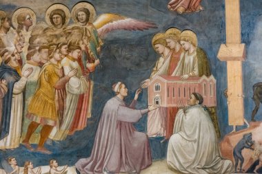 Padua, İtalya - 8 Ekim 2024: İtalya 'nın Padua kentindeki Scrovegni Şapeli veya Cappella degli Scrovegni' nin muhteşem tarihi freskleri. Kilise, Giotto 'nun 1305 yılından kalma ünlü bir fresk döngüsüne sahiptir.