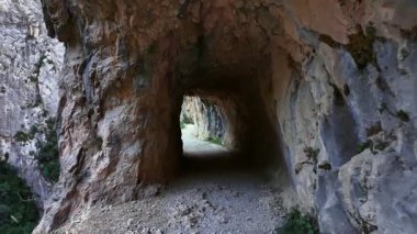 Ruta del Cares, yazın Picos de Europa Ulusal Parkı 'nda Cares Trail yürüyüş yolu, Cantabrian Dağları' nda Kastilya, Leon ve Asturias arasında bir biyosfer rezervi, Kuzey İspanya