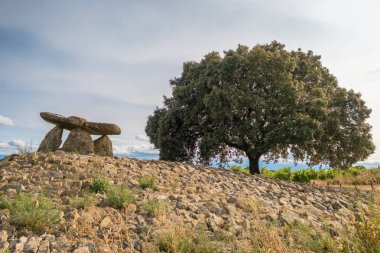 Antik Sorginaren Txabola Dolmen İspanya 'da. İspanyol Bask Ülkesi 'nin üzüm bağlarıyla çevrili Chabola de la Hechicera Dolmenleri..