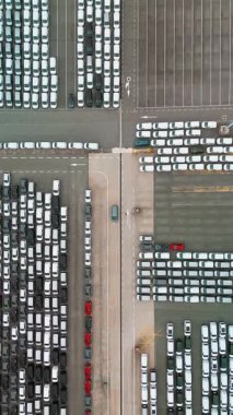 Deniz kenarı stok alanında sıra sıra park edilmiş yeni arabaların hava manzarası. Küresel otomotiv sektöründe satış, ithalat ve ihracat için araç envanteri. Lojistik ve dağıtım merkezi.