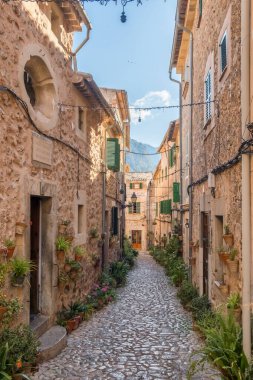 İspanya 'nın Valdemossa, Mallorca, Balearic Adaları' nda çiçek saksılarıyla süslenmiş resim gibi dar bir sokak.