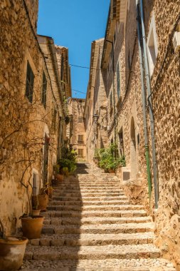 Soler, Mallorca, Balear Adaları, İspanya 'nın büyüleyici kasabasında çiçek saksılarıyla süslenmiş resim gibi dar bir sokak.