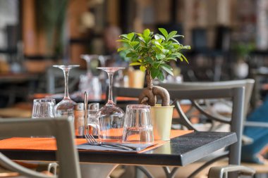 Zarif bir açık hava yemek masası, küçük bir saksı bitkisi, cilalanmış şarap bardakları ve turuncu peçeteler Provencal terasında..