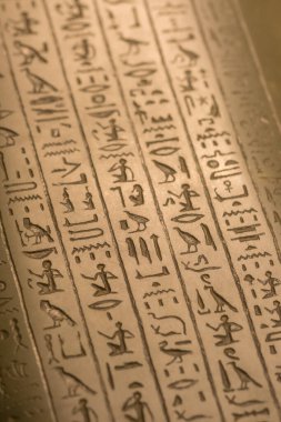 Kum taşı yüzeyine kazınmış antik Mısır hiyerogliflerinin yakın görüntüsü, ayrıntılı sembolik karakterler ve tarihsel yazılar sergiliyor..