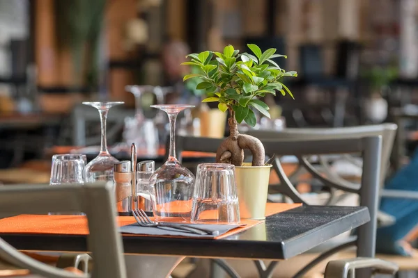 Zarif bir açık hava yemek masası, küçük bir saksı bitkisi, cilalanmış şarap bardakları ve turuncu peçeteler Provencal terasında..