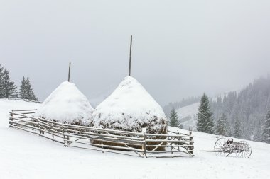 Kış haystacks Karpat Dağları'nda