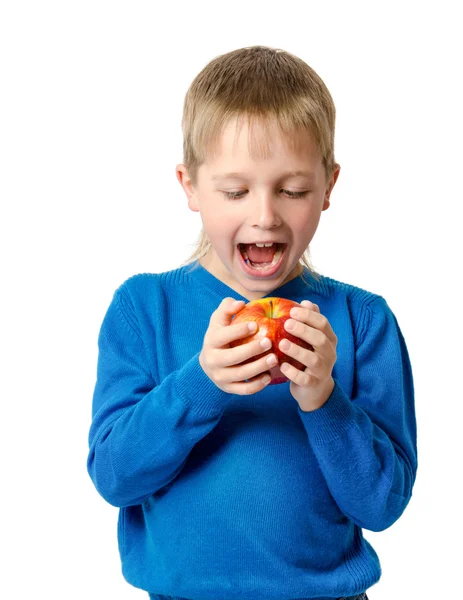 Young boy with red apple isolated on white — Stock Photo, Image